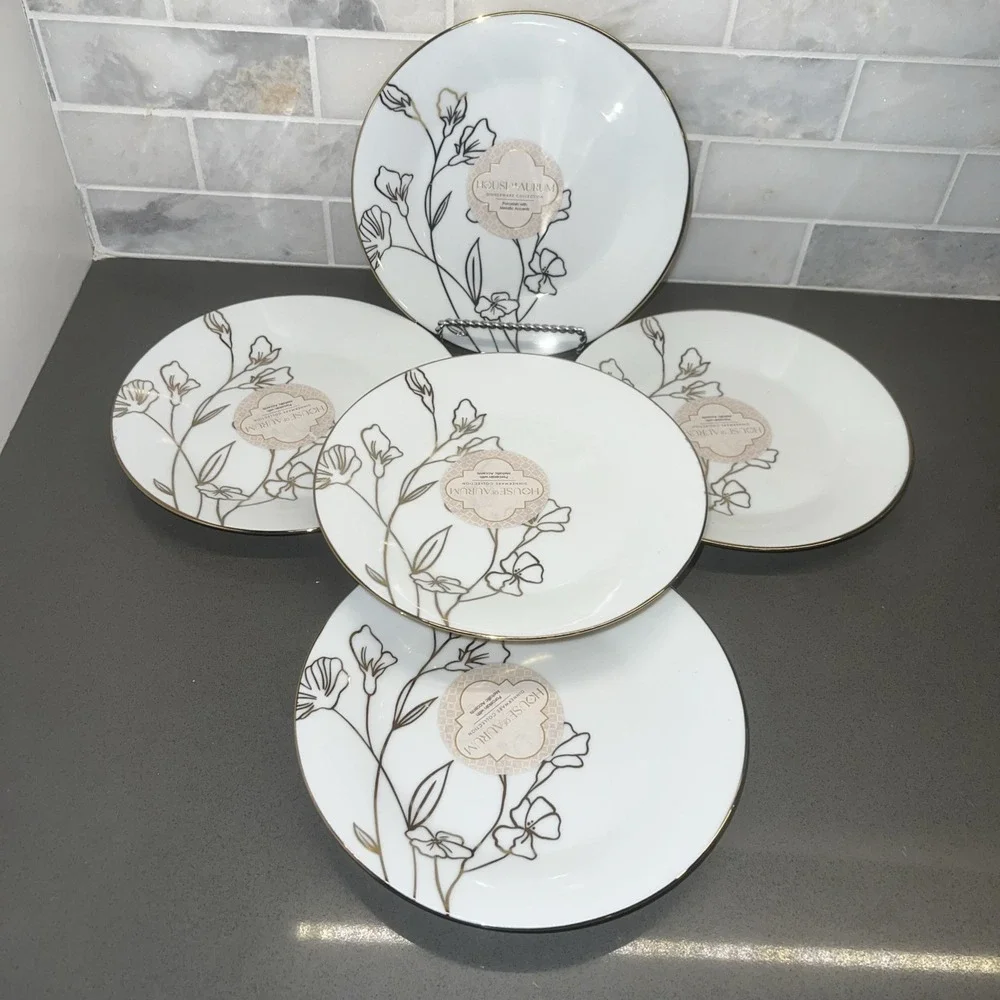 NEW-5-House Of Aurum White With Gold Floral Trim Salad Plates 7.5